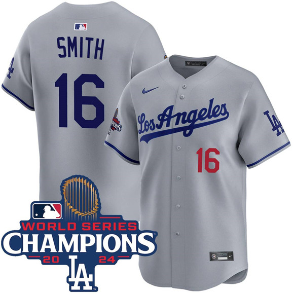 Men's Gray Los Angeles Dodgers #16 Will Smith 2024 World Series Champions Patch Limited Stitched Baseball Jersey